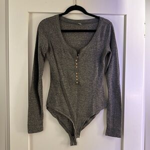 Free People Grey Ribbed Henley Bodysuit